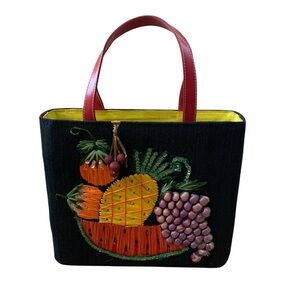 Vintage Santi Woven Straw Tote Bag Fruit Embroidered Black Canvas